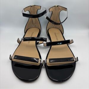 Tamara Mellon Flatline PVC Black Trim Sandals Brown Leather Size 36